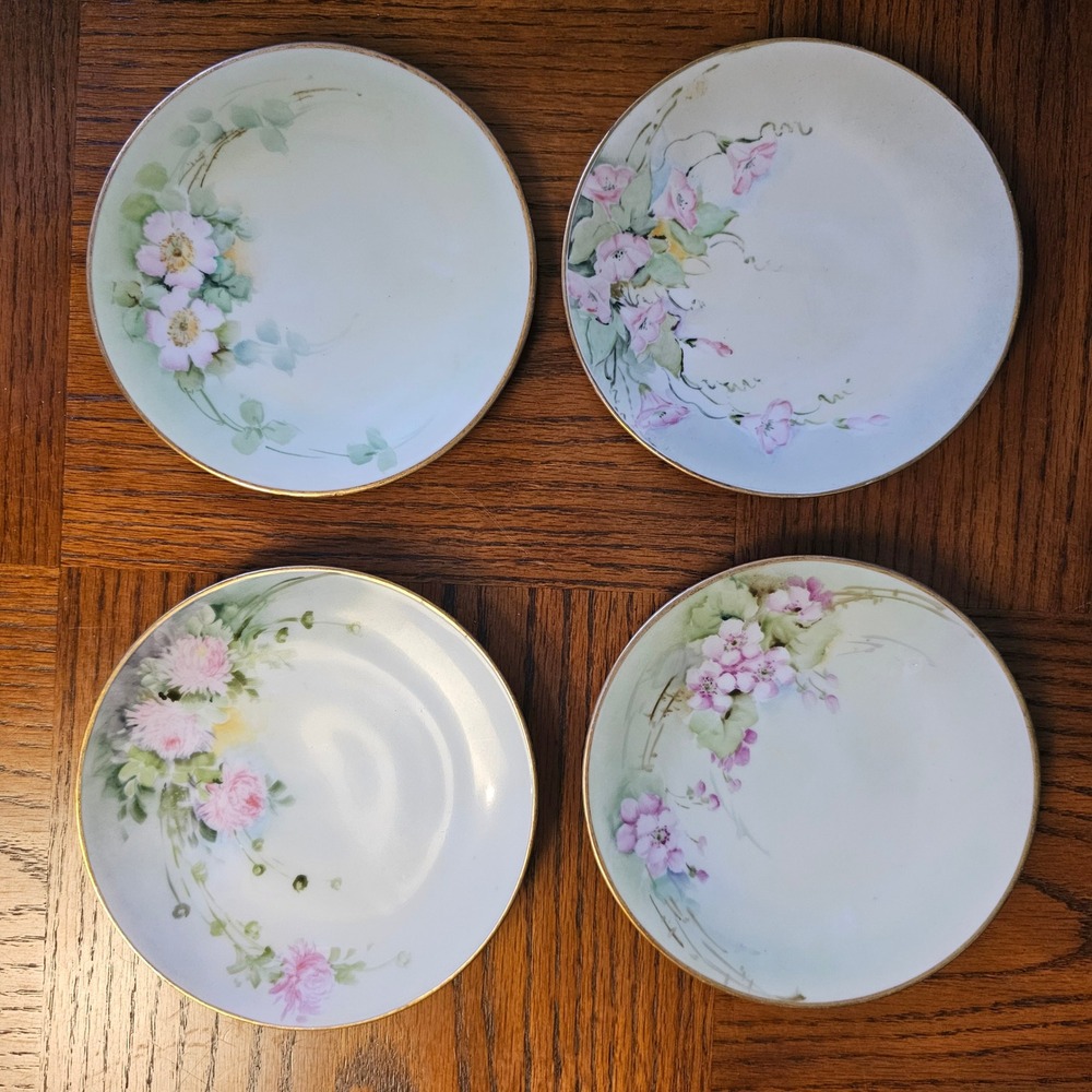 Thomas Bavaria Sevres Porcelain Plates Set 4 Hand Painted Floral Gold Rim 6.25in